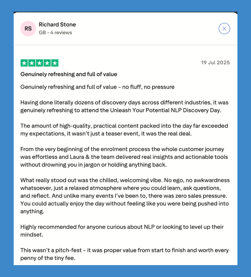 NLP Demystified Testimonial Introduction to NLP - Student Testimonial